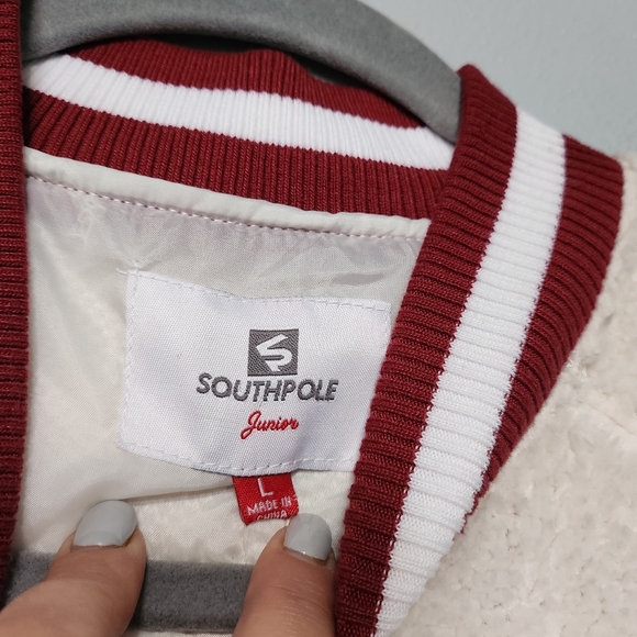 SOUTH POLE Y2K Sherpa Bomber Jacket Juniors Large Cream Zip Up Preppy Varsity - Picture 5 of 8